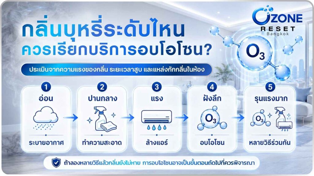 อบโอโซนกำจัดกลิ่นบุหรี่ 7 อินโฟกราฟิกอธิบายระดับความรุนแรงของกลิ่นบุหรี่ในห้อง ตั้งแต่กลิ่นอ่อน ปานกลาง แรง ฝังลึก จนถึงรุนแรงมาก พร้อมแนวทางระบายอากาศ ทำความสะอาด ล้างแอร์ อบโอโซน และใช้หลายวิธีร่วมกัน โดย Ozone Reset Bangkok