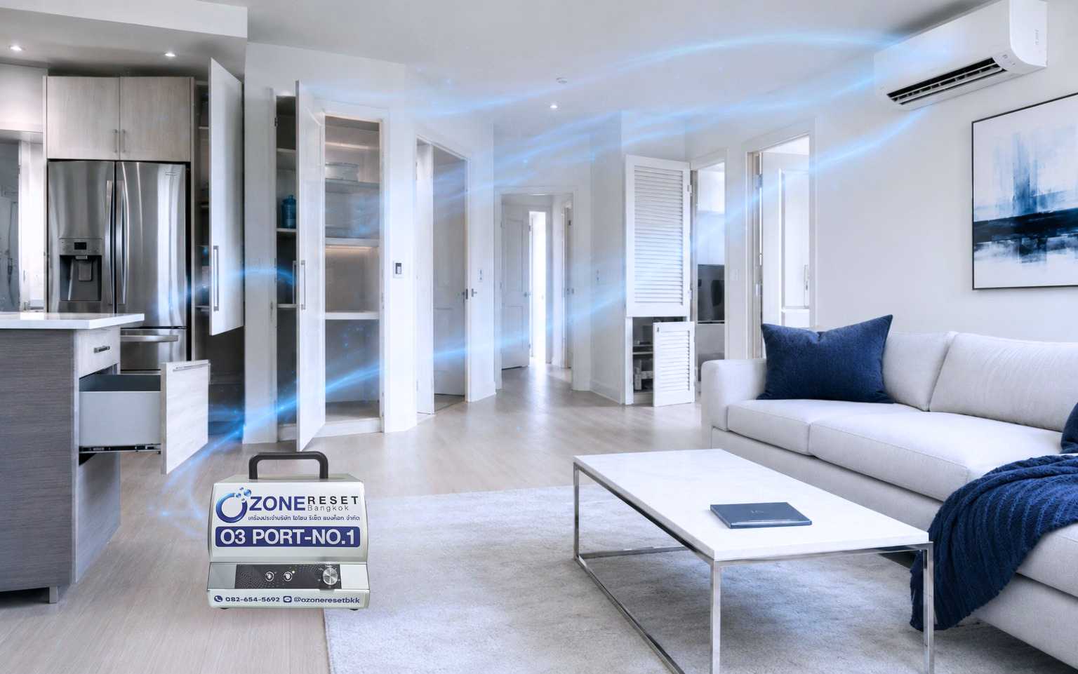 เครื่องผลิตโอโซนของ Ozone Reset Bangkok ภายในห้องพัก พร้อมภาพจำลองการกระจายตัวของก๊าซโอโซน