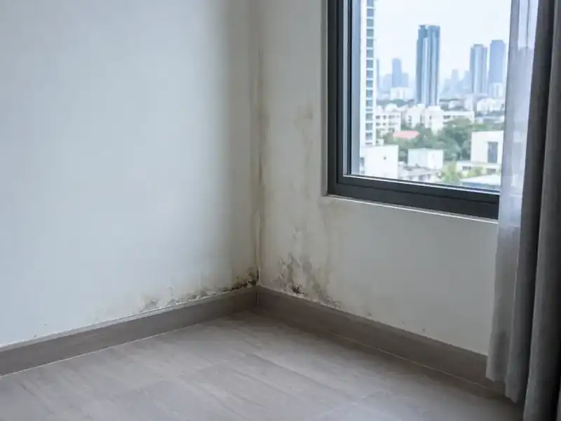 คราบความชื้นบริเวณผนังและบัวพื้นข้างหน้าต่างในห้องคอนโด